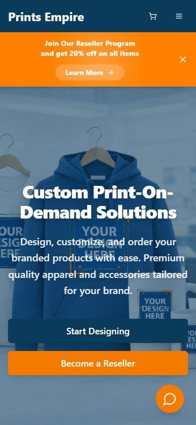 Prints Empire website, mobile view
